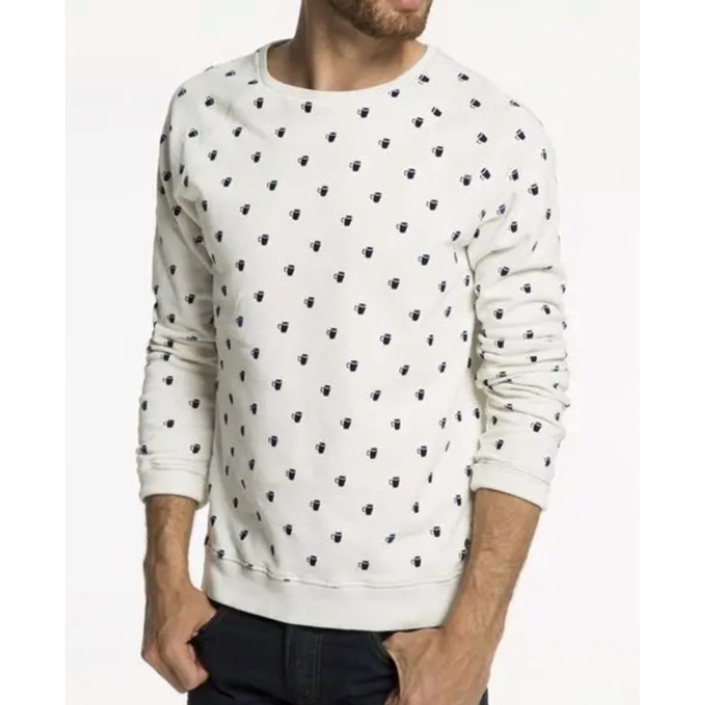 Scotch & Soda Mens XXL White Coffee Mug Print Crewneck Sweatshirt Cotton Raglan